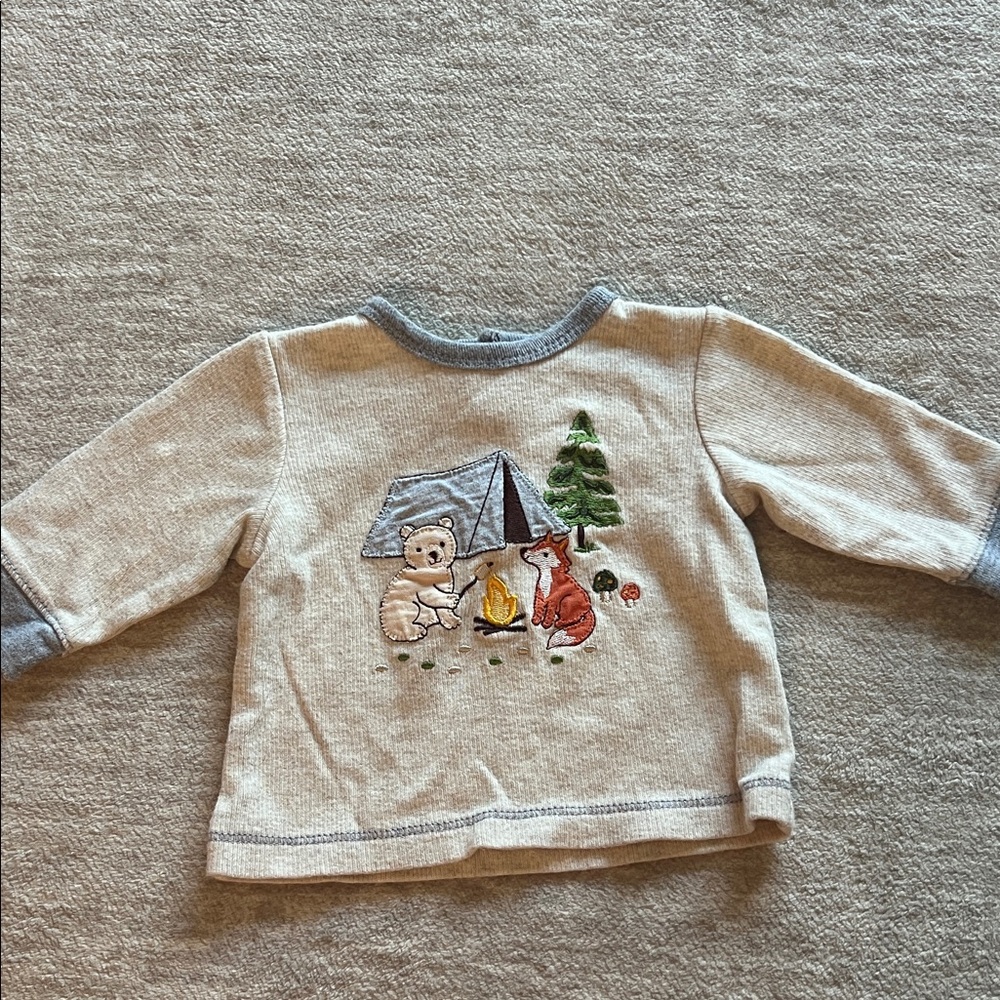 Cute Beige and Gray Baby Sweater with Fox and Bear Camping Design
